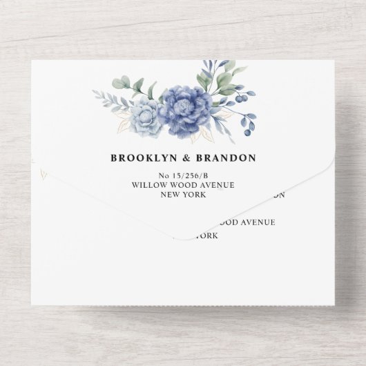 Elegant Dusty Blue Greenery Hochzeitsmaterial All In One Einladung (Rückseite)