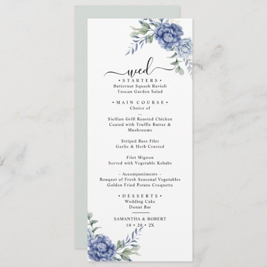 Elegant Dusty Blue Greenery Hochzeitsmaterial Menükarte (Vorne/Hinten)
