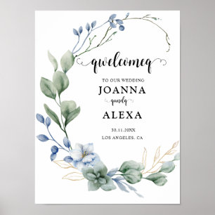 Elegant Dusty Blue Greenery Hochzeitsmaterial Poster