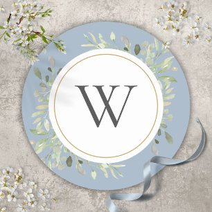 Elegant Dusty Blue Greenery Monogram Initial Runder Aufkleber