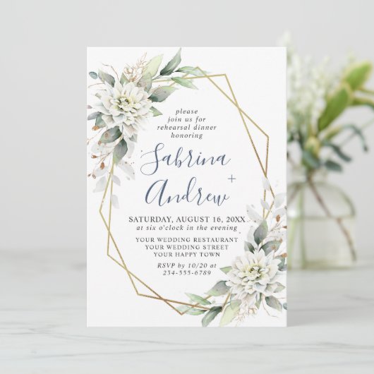 Elegant Dusty Blue Greenery Probe Dinner Einladung (Stehend Vorderseite)