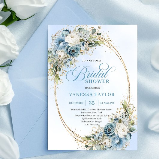 Elegant Dusty Blue Greenery Script Bridal Shower Einladung