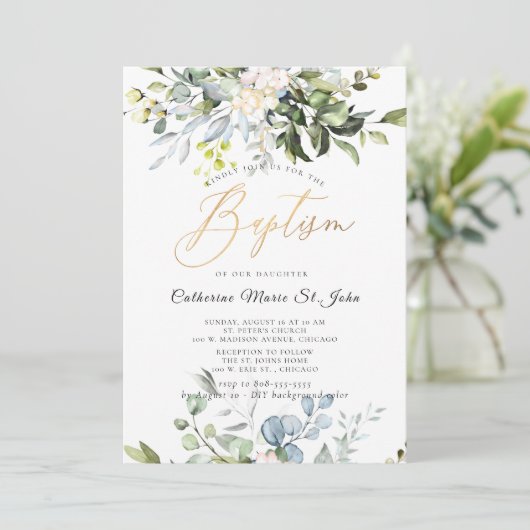 Elegant Dusty Blue Gum Eucalyptus Imitats Gold Einladung (Stehend Vorderseite)