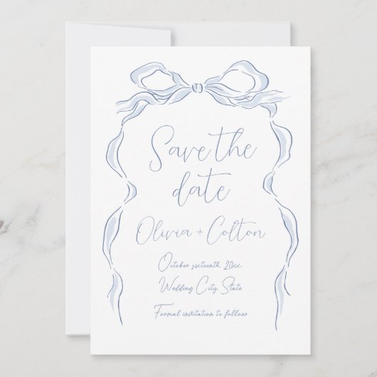 Elegant Dusty Blue Hand Drawn Bow Save the Date (Vorderseite)