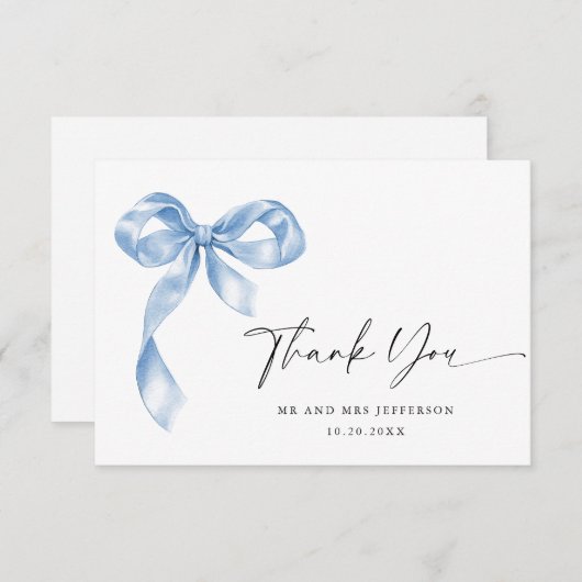 Elegant Dusty Blue Hand Drawn Bow Wedding Dankeskarte (Vorne/Hinten)