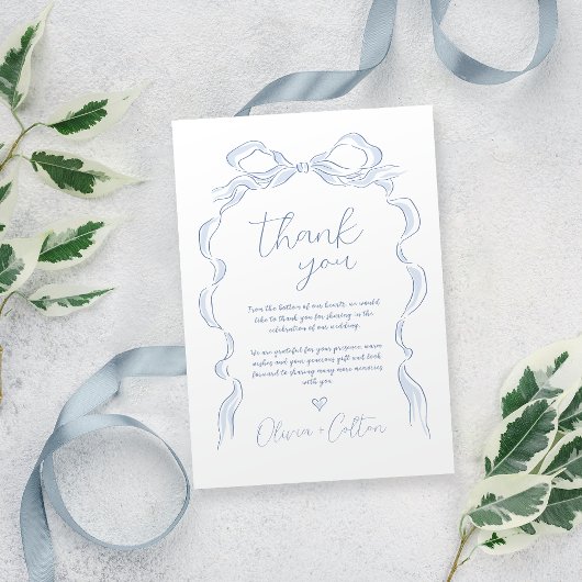 Elegant Dusty Blue Hand Drawn Bow Wedding Dankeskarte