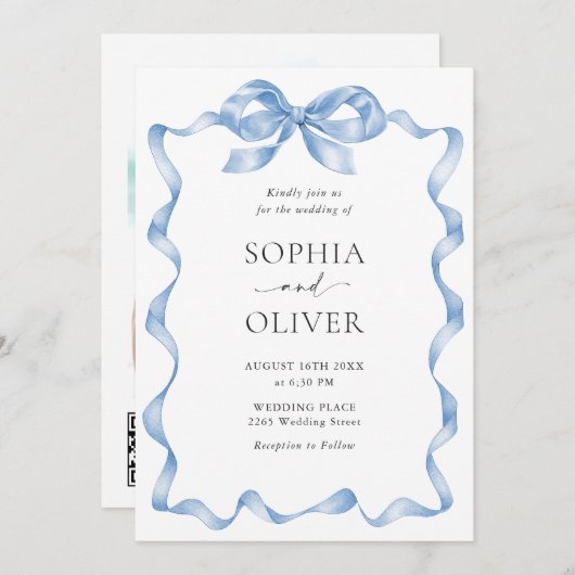 Elegant Dusty Blue Hand Drawn Bow Wedding Einladung (Vorne/Hinten)
