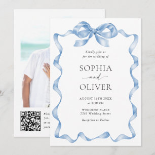 Elegant Dusty Blue Hand Drawn Bow Wedding Einladung