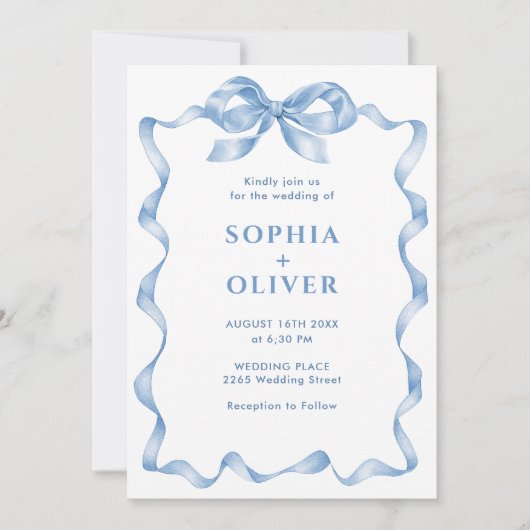 Elegant Dusty Blue Hand Drawn Bow Wedding Einladung (Vorderseite)