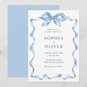 Elegant Dusty Blue Hand Drawn Bow Wedding Einladung