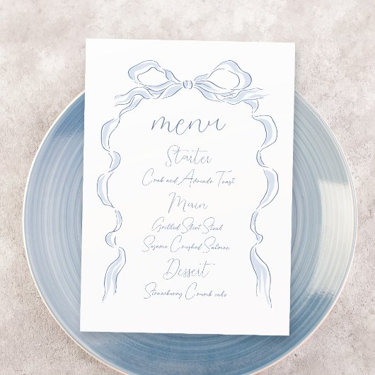 Elegant Dusty Blue Hand Drawn Bow Wedding Menükarte