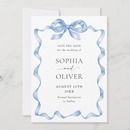 Elegant Dusty Blue Hand Drawn Bow Wedding Save The Date (Vorderseite)