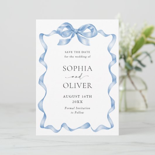 Elegant Dusty Blue Hand Drawn Bow Wedding Save The Date (Stehend Vorderseite)