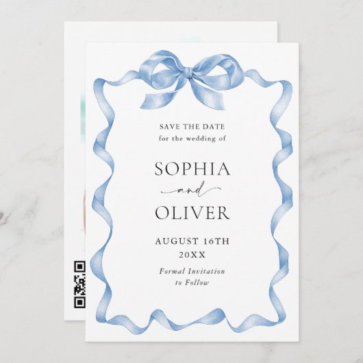Elegant Dusty Blue Hand Drawn Bow Wedding Save The Date (Vorne/Hinten)