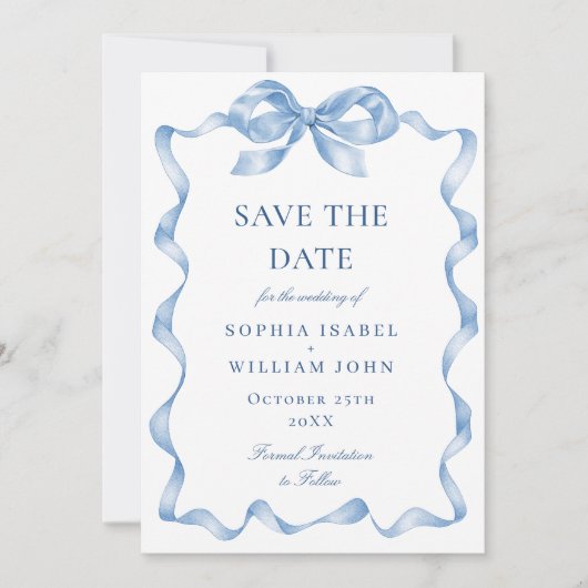 Elegant Dusty Blue Hand Drawn Bow Wedding Save The Date (Vorderseite)