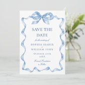 Elegant Dusty Blue Hand Drawn Bow Wedding Save The Date (Stehend Vorderseite)