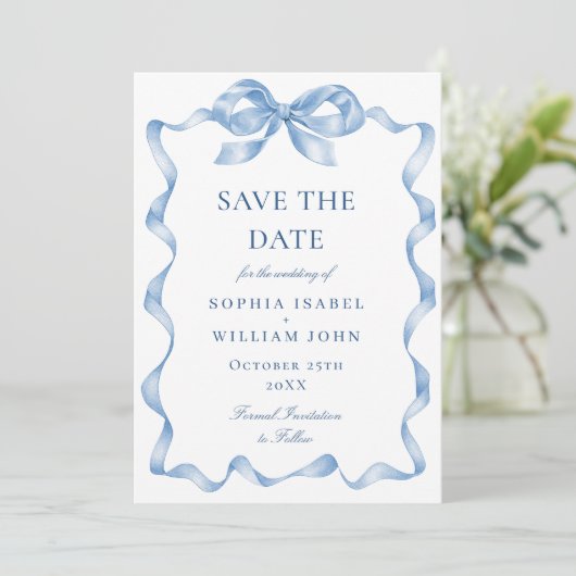 Elegant Dusty Blue Hand Drawn Bow Wedding Save The Date (Stehend Vorderseite)