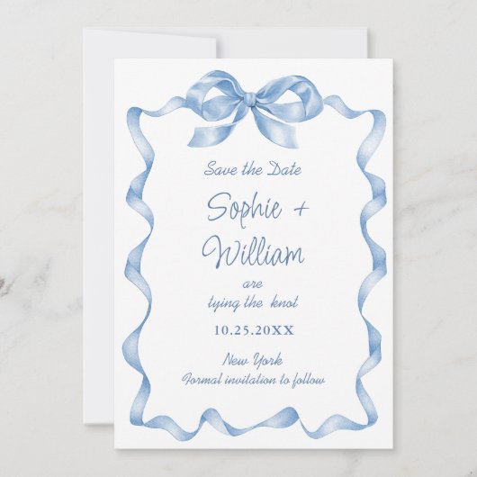 Elegant Dusty Blue Hand Drawn Bow Wedding Save The Date (Vorderseite)
