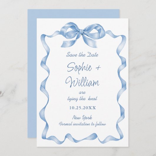 Elegant Dusty Blue Hand Drawn Bow Wedding Save The Date (Vorne/Hinten)