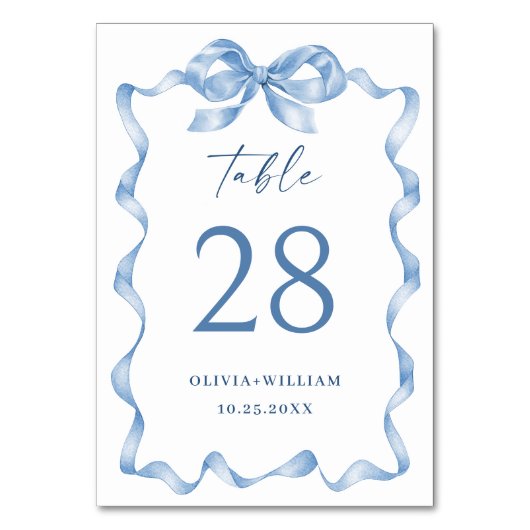 Elegant Dusty Blue Hand Drawn Bow Wedding Tischnummer (Vorderseite)