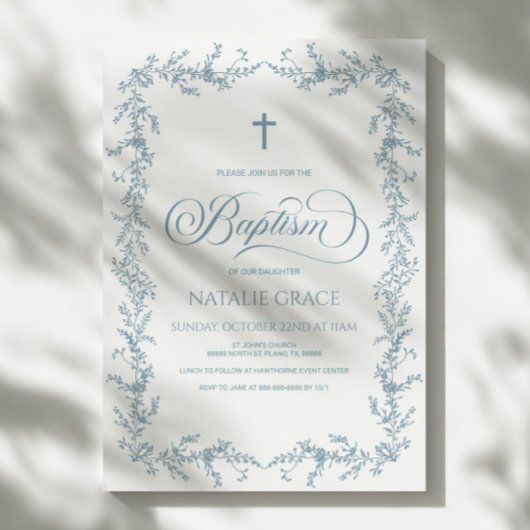 Elegant Dusty Blue Hand Drawn Floral Frame Baptism Einladung