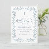 Elegant Dusty Blue Hand Drawn Floral Frame Baptism Einladung (Stehend Vorderseite)