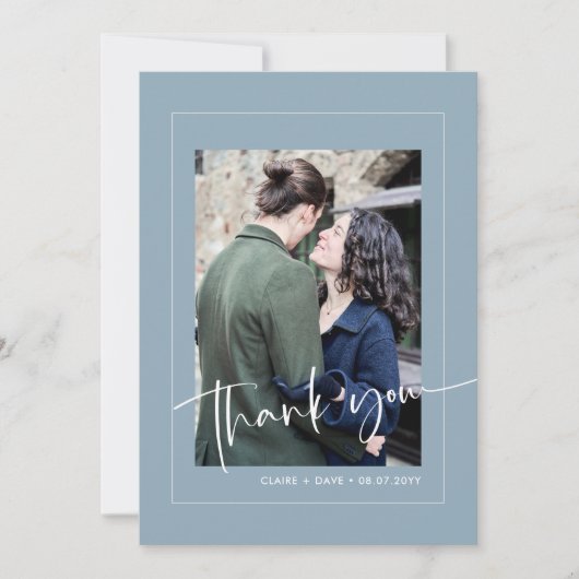 Elegant Dusty Blue Hand Lettered Wedding Danke (Vorderseite)