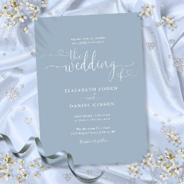 Elegant Dusty Blue Hearts Calligraphy Wedding Einladung