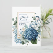 Elegant Dusty Blue Hydrangea Eucalyptus Gold Frame Einladung (Stehend Vorderseite)