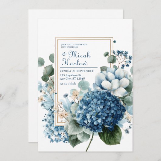 Elegant Dusty Blue Hydrangea Eucalyptus Gold Frame Einladung (Vorne/Hinten)