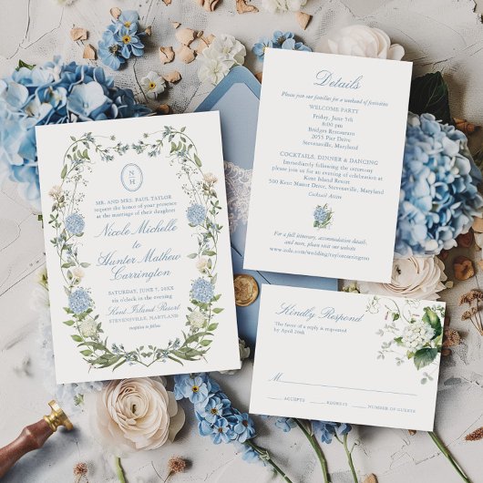 Elegant Dusty Blue Hydrangea Monogram Einladung