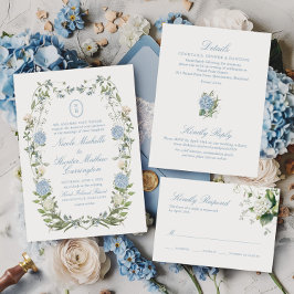 Elegant Dusty Blue Hydrangea Monogram Einladung