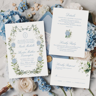 Elegant Dusty Blue Hydrangea Monogram Einladung