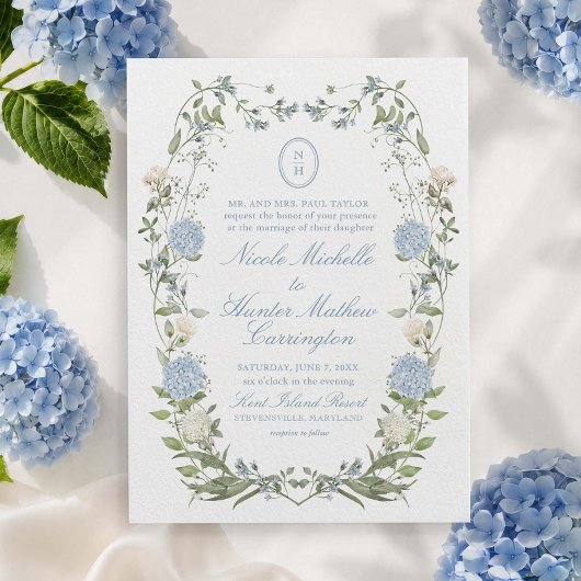 Elegant Dusty Blue Hydrangea Monogram Einladung