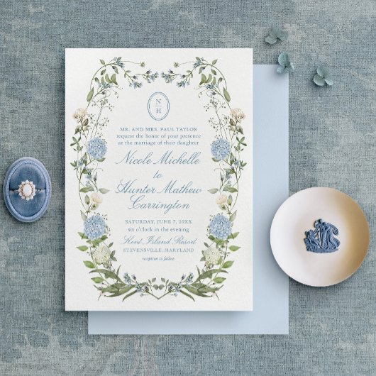 Elegant Dusty Blue Hydrangea Monogram Einladung