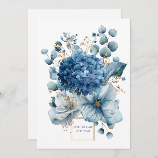 Elegant Dusty Blue Hydrangea Peony Gold Glitter Einladung (Vorne/Hinten)