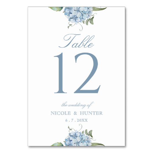 Elegant Dusty Blue Hydrangea Wedding Table Number Tischnummer (Vorderseite)