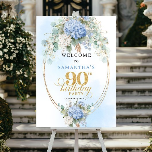 Elegant dusty blue hydrangeas gold welcome sign 90 poster