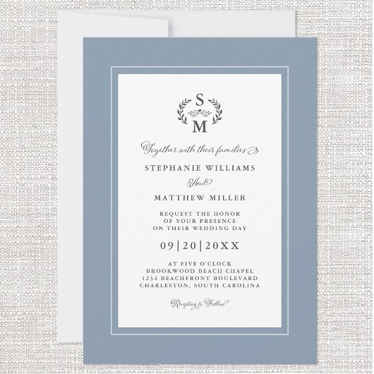 Elegant Dusty Blue Initials Calligraphy Wedding Einladung