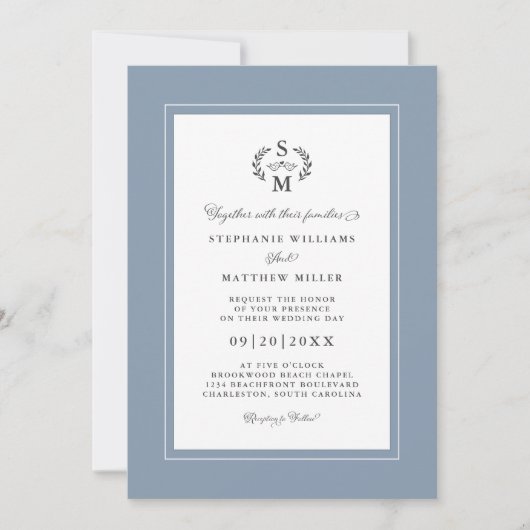 Elegant Dusty Blue Initials Calligraphy Wedding Einladung (Vorderseite)