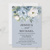 Elegant Dusty Blue Ivory Floral Blätter Einladung (Vorderseite)
