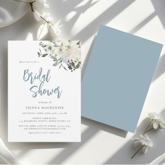 Elegant Dusty Blue Ivory Floral Bridal Shower Einladung