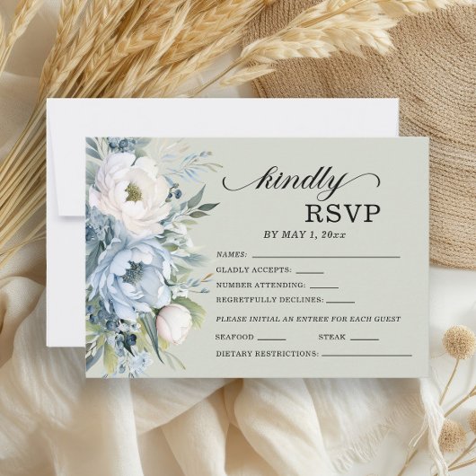 Elegant Dusty Blue Ivory Floral Sage Green RSVP Karte