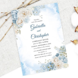 Elegant Dusty Blue Ivory Rose Blume Hochzeit Einladung