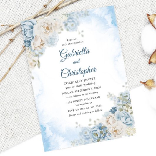 Elegant Dusty Blue Ivory Rose Blume Hochzeit Einladung