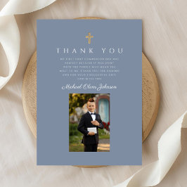 Elegant Dusty Blue Katholic Boy First Communation Dankeskarte