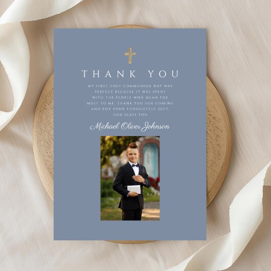 Elegant Dusty Blue Katholic Boy First Communation Dankeskarte
