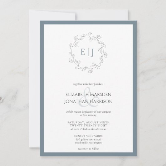 Elegant Dusty Blue Leaf Wreath Monogram Wedding Einladung (Vorderseite)