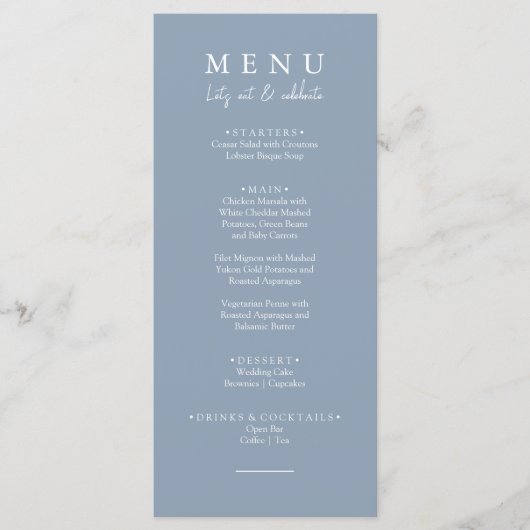 Elegant Dusty Blue Let's Eat Calligraphy Wedding Menükarte (Vorderseite)