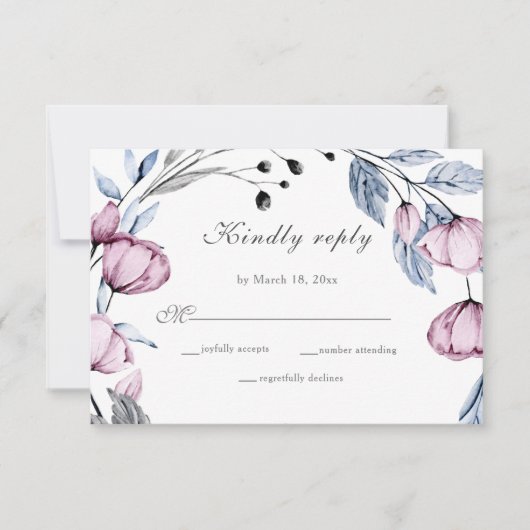 Elegant Dusty Blue Lila Bloom Wedding RSVP Karte (Vorderseite)